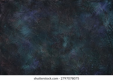 Abstract dark cosmic texture with deep blue, teal and violet tones, layered painterly surface and atmospheric color depth. Contemporary artistic background featuring rich textured brushwork, moody abstract forms, blended pigments and expressive mixed media composition ideal for creative branding, editorial graphics, posters and dramatic visual storytelling.