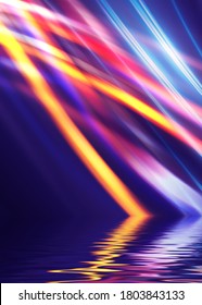 Abstract dark futuristic background. Neon rays of light are reflected from the water. Background of empty stage show, beach party. 3d illustration - Shutterstock ID 1803843133