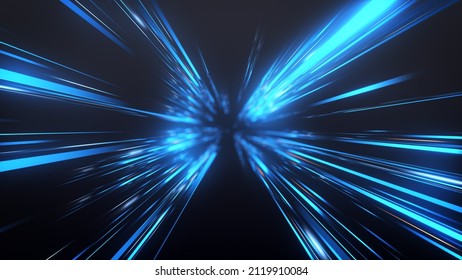 Abstract Dark Glow  Blue Light Rays Background. Perspective View Of Blue Laser Light Burst Motion. Long Exposure Time Warp Speed Lights Lines Blue Background Zoom In. 4K