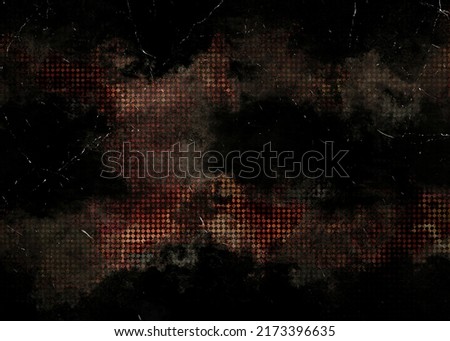Abstract dark horror oil texture with red polka dots parts. Brushstrokes on canvas. Halftone print. Oil painting on canvas. Fragment of artwork. Spots of Halloween modern goth art. Contemporary art.	
