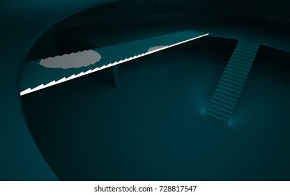 Abstract dark interior multilevel public space with neon lighting. 3D illustration and rendering