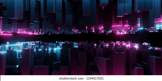 Abstract Dark Modern Futuristic Sci Fi Fantasy Blue And Purple Lighted Neon Tubes City Closeup Tech Concept Background Wallpaper 3D Rendering Illustration