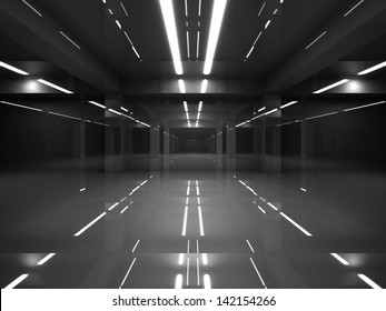 Abstract dark modern interior with shining black mirror walls and white neon lights