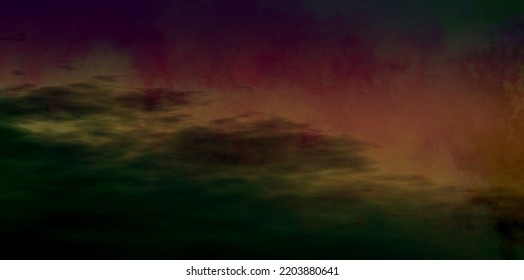 Abstract Dark Red And Green Cloudy Apocalyptic Scene Background, Dark Mysterious Mist Dangerous Backdrop With Burn Movement Moment Effect, Old Grunge Texture, Painted Watercolor	