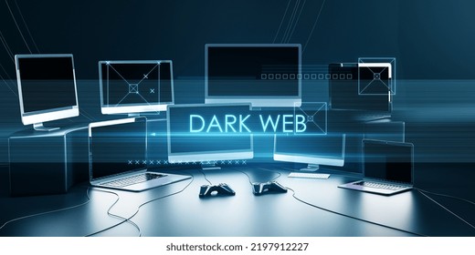 Abstract dark web text over gamers station on blurry background with device screens and joysticks. Hacker and attack concept. 3D Rendering