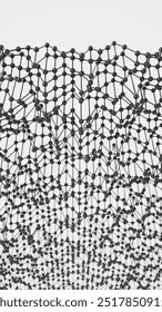 Abstract data empty space. The concept of a technology network node is represented by black chaotic atoms, DNA, or molecules. 3d rendering illustration not AI