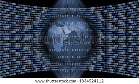 Abstract data flow background - earth globe behind lines of binary code inside a light beam in the shape of a double sided cone in front of a wall of binary code in gray blue color - 3D-illustration