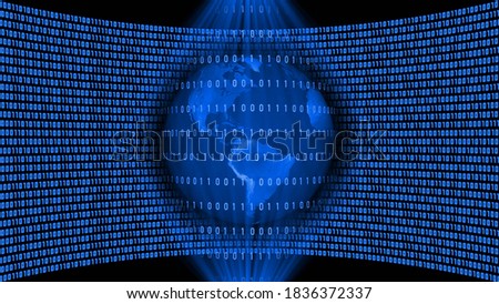Abstract data flow background - earth globe behind lines of binary code inside a light beam in the shape of a double sided cone in front of a wall of binary code in royal blue color - 3D-illustration