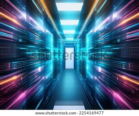 Abstract database server room, Computer network security server room data center, Internet and technology.