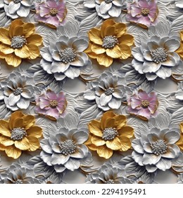 Abstract decorative embossed flowers seamless pattern. Floral nature decorative silver and gold relief vintage background. Digital raster bitmap illustration. Graphic design art.
