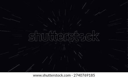 Abstract deep space visual effect depicting speed or warp travel with streaks of light emanating from a central point against a black background.