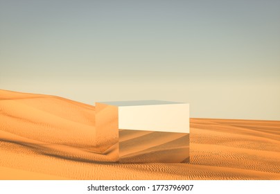 Abstract desert background and mirror podium backdrop  3d render 