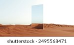 Abstract desert landscape with 3D rendering of mirrored objects and sand dunes. Picturesque, uncluttered desert scene with creative, surreal aesthetics for advertising