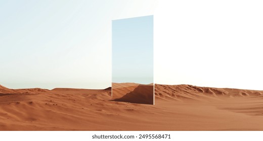 Abstract desert landscape with 3D rendering of mirrored objects and sand dunes. Picturesque, uncluttered desert scene with creative, surreal aesthetics for advertising