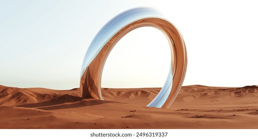 Abstract desert landscape with 3D rendering of mirrored objects and sand dunes. Picturesque, uncluttered desert scene with creative, surreal aesthetics for advertising