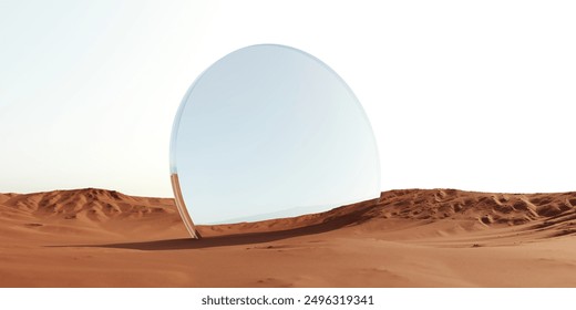 Abstract desert landscape with 3D rendering of mirrored objects and sand dunes. Picturesque, uncluttered desert scene with creative, surreal aesthetics for advertising