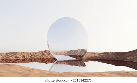 Abstract desert landscape with 3D rendering of mirrored objects and sand dunes. Picturesque, uncluttered desert scene with creative, surreal aesthetics for advertising