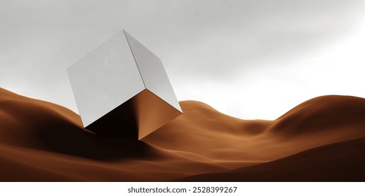 Abstract desert landscape with 3D rendering of mirrored objects and sand dunes. Picturesque, uncluttered desert scene with creative, surreal aesthetics for advertising