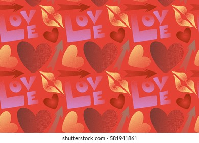 Abstract design in brown and yellow colors. Raster illustration. Valentine's day seamless pattern with kiss, love word and hearts in motley colors.