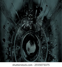 The abstract design is combined with a combination of digital art and scientific imagery on a dark background