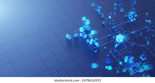 An abstract design depicting a big data network with interconnected glowing blue nodes and lines, illustrating data flow and connectivity.
