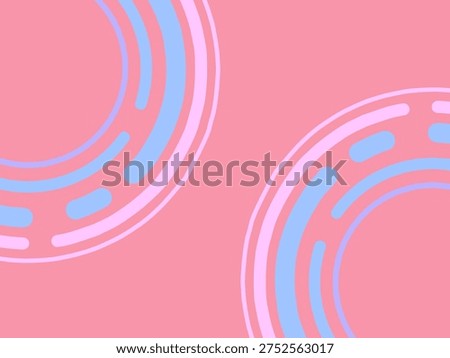 Abstract design featuring partial circular patterns on a pink background. The circles incorporate alternating bands of light pink and light blue, creating a modern, playful composition. The pattern suggests movement and flow, with bold shapes and smooth edges. The colors are pastel, giving a soft and harmonious visual effect.
