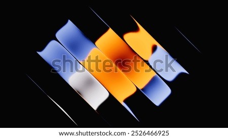 Abstract design featuring rippled, layered shapes in blue and orange against a black background. 3d rendering of fluted glass effect
