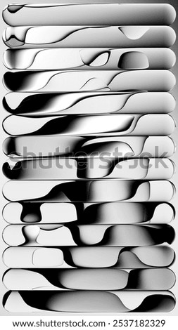 An abstract design featuring smooth, wavy shapes in black and white, creating a sense of depth and fluidity. 3d rendering illustration of a gradient refracted in glass