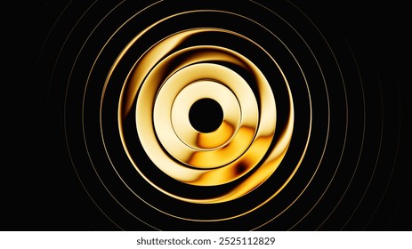 An abstract design featuring wavy golden rings against a black background. 3d rendering of rippled glass effect