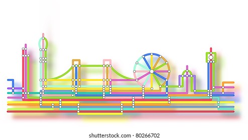 Abstract design of the London skyline in the style of an underground map with background glow