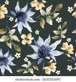 abstract design seamless pattern, flower and foliage arrangement, soft and dark color combination, print on textile fabric or background.