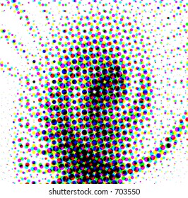 Abstract design using halftone dots in an E or swish formation