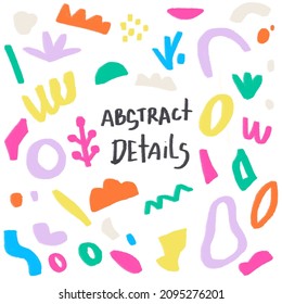 abstract details, objects branches leaves color palette colorful details, elements, small objects, circles, points, geometric shapes, shape, waves, abstract plants
