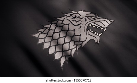 Abstract developing fabric of flag. Animation. Image of gray wolf with open mouth in rage against developing black flag. Emblem of house Stark. Concept of series Game of Thrones