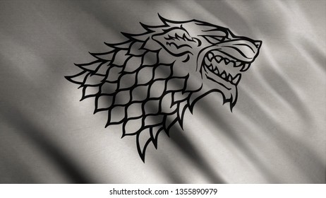 Abstract developing fabric of flag. Animation. Silhouette of wolf with black contours on background of developing silver flag. Emblem of house Stark. Concept of series Game of Thrones