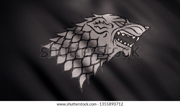 Abstract developing\
fabric of flag. Animation. Image of gray wolf with open mouth in\
rage against developing black flag. Emblem of house Stark. Concept\
of series Game of\
Thrones