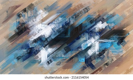 Abstract diagonal paint strokes, oil painting on canvas. Acrylic art, artistic texture. Brush daubs and smears grungy background, hand painted brown, dark azure and blue colored pattern