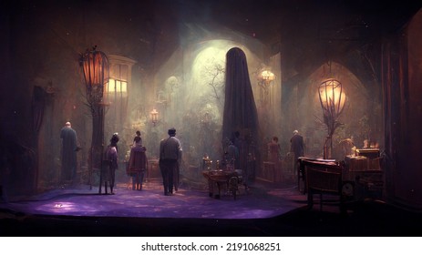 Abstract Digital Art Of A Eerie Household That Has The Vibe Of Addams Family.