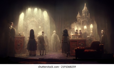 Abstract Digital Art Of A Eerie Household That Has The Vibe Of Addams Family.