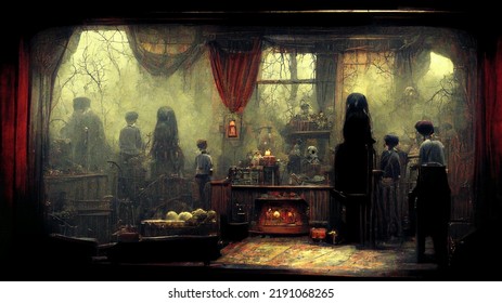 Abstract Digital Art Of A Eerie Household That Has The Vibe Of Addams Family.