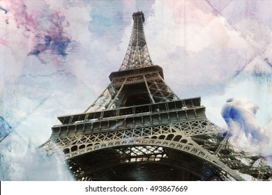 Abstract digital art of Eiffel Tower in Paris, tile texture blue. Postcard, high resolution, printable on canvas
