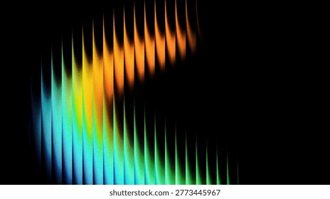 Abstract digital art featuring vertical glowing light streaks with a vibrant gradient transition from blue and green to orange, set against a deep black background.