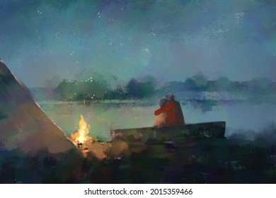 Abstract Digital Art Oil Painting Set Of Young Couple Sitting By The Bonfire Camping, Blank Space.