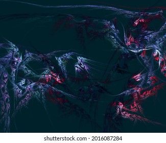 Abstract digital artistic representation of passion, fears and dreams in blue turquoise red violet neon hues on dark emerald background. Avian or woody motives. Psychedelic surreal thicket of mind. 