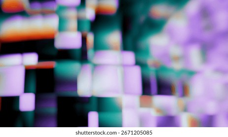 Abstract digital artwork with blurred rectangular and square shapes in purple, green, orange, and white tones. Futuristic and glitch-inspired aesthetic.