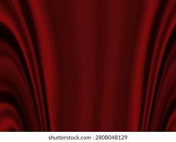 abstract digital artwork dominated by rich, deep red tones with smooth, flowing, and symmetrical curves. The design resembles luxurious fabric, velvet curtains, or liquid waves moving inward toward the center. Dark shadows and black accents create contrast and depth, while subtle gradients give the surface a soft, glossy, and silky texture. 