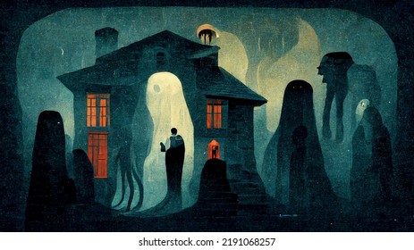 Abstract Digital Artwork Of A Spooky House With People Standing Outside That Represents The Addams Family Theme.