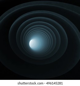 Abstract digital background, black bent vortex tunnel interior with blue light in glowing end, 3d illustration