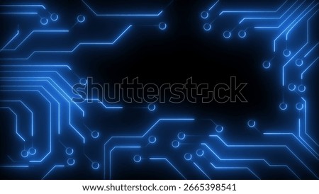 An abstract digital background featuring a frame of glowing blue neon circuit board lines against a solid black backdrop. The intricate pattern of lines and circular nodes suggests