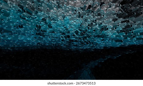 An abstract digital background featuring a textured surface with shades of blue and teal, resembling fragmented water or ice over a dark abyss.
